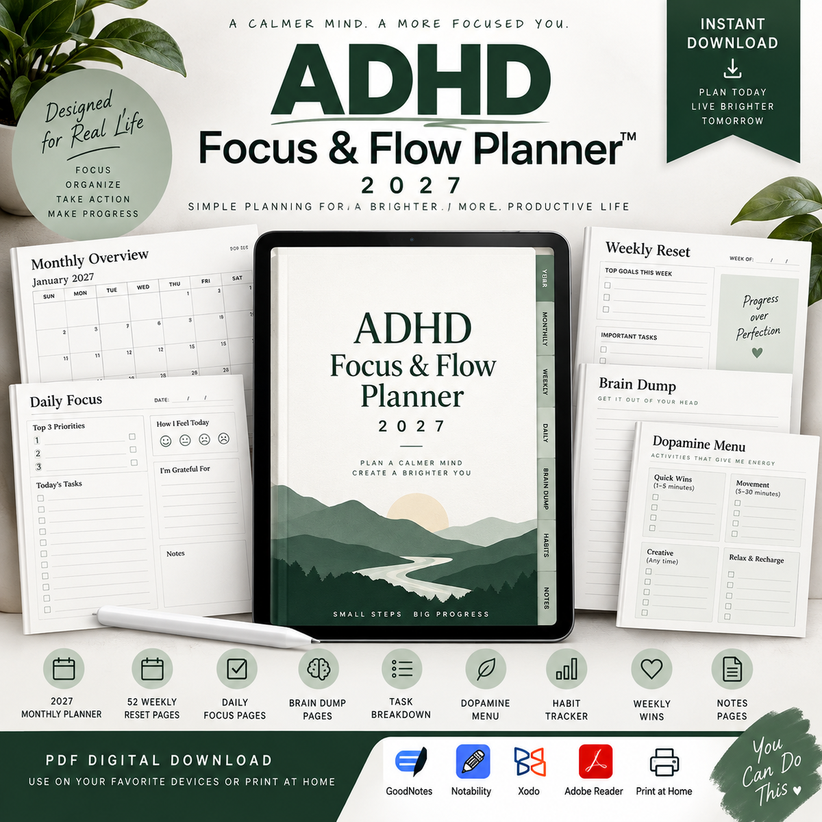 ADHD Focus & Flow Planner 2027 | Digital ADHD Planner for Adults