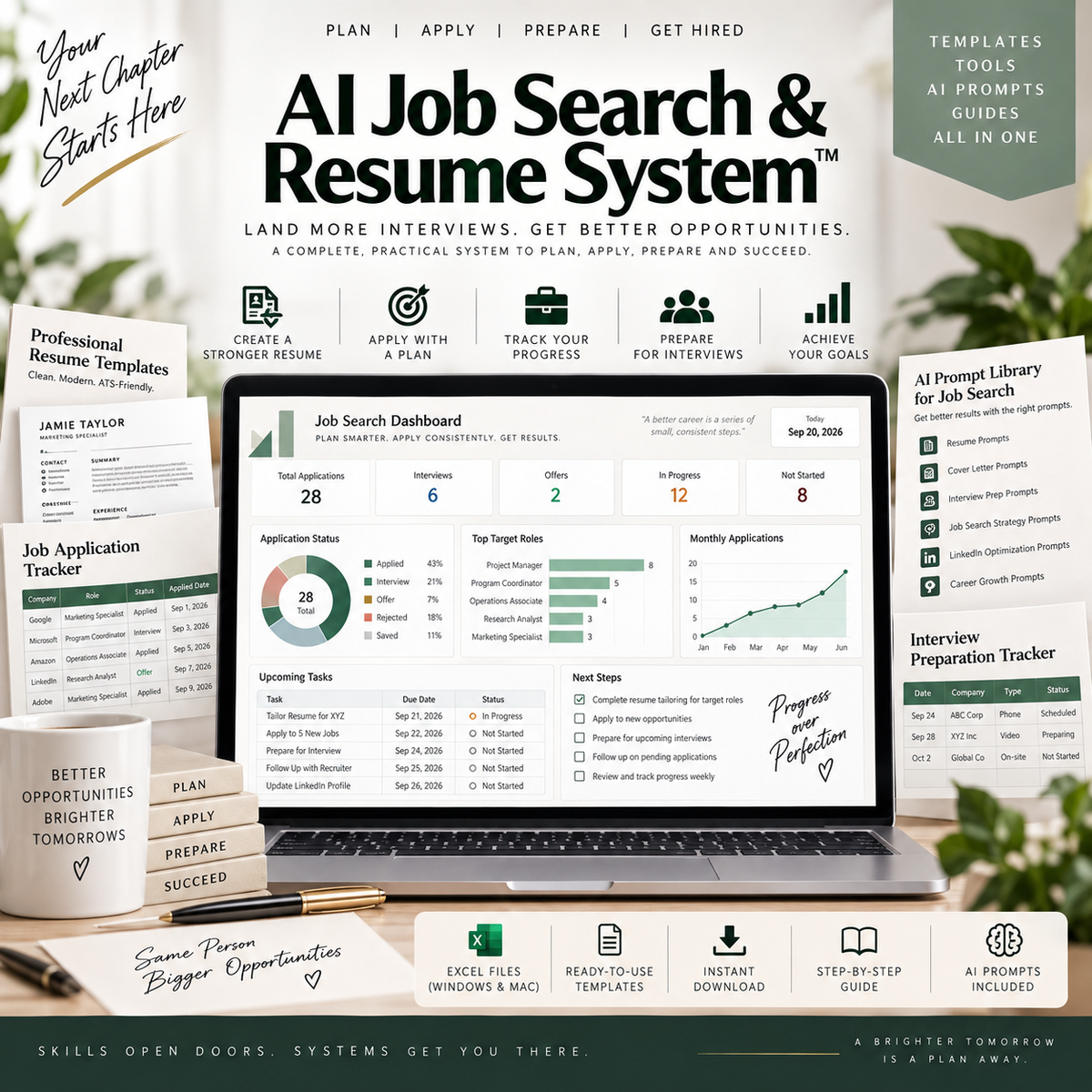 AI Job Search & Resume System | Resume Templates, Job Tracker & AI Prompts