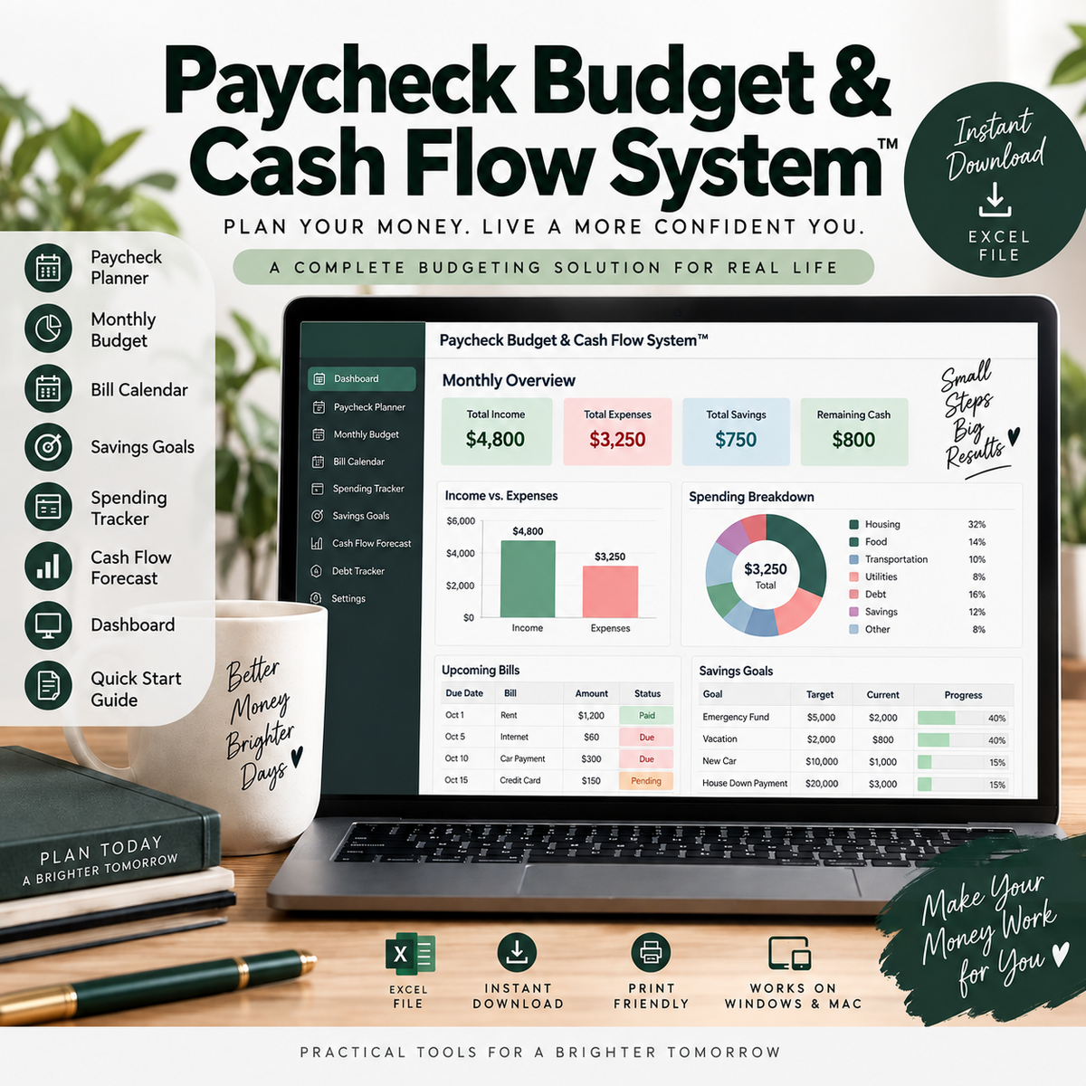 Paycheck Budget & Cash Flow System | Monthly Budget Spreadsheet & Money Planner