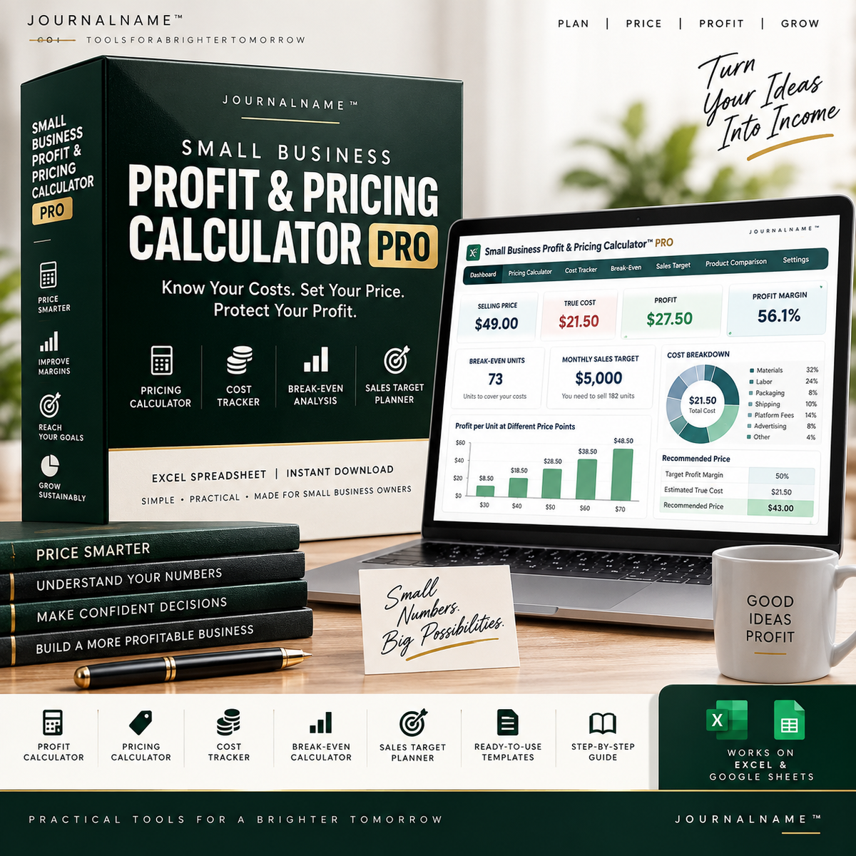 Small Business Profit & Pricing Calculator PRO | Pricing, Profit Margin & Break-Even Spreadsheet